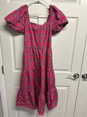 J. Crew Hot Pink Floral Puff-Sleeve Midi Dress- EUC 🩷